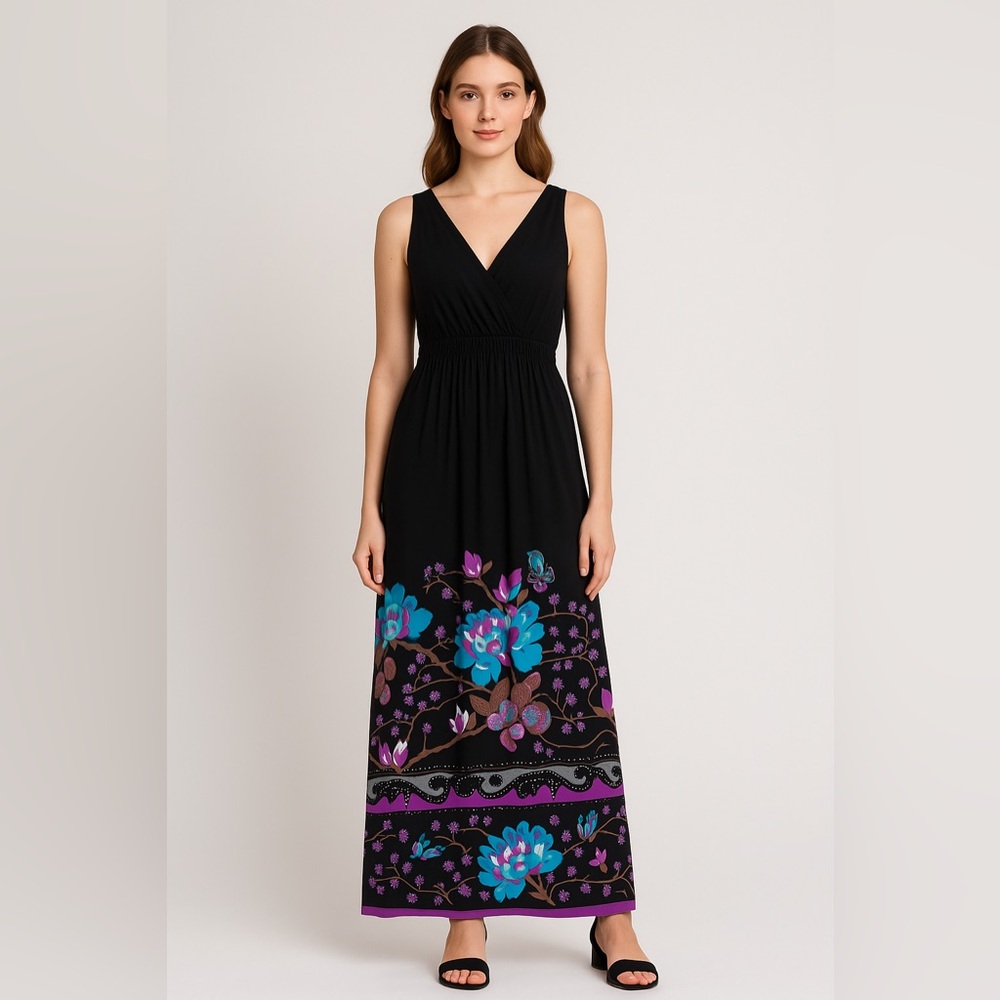 Perceptions New York Black/Purple Floral V-Neck Maxi Dress size 12